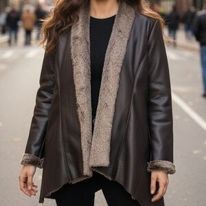 Bagatelle Women's Faux Leather Fur Trimmed Jacket Duster Coat Dark Brown XL
